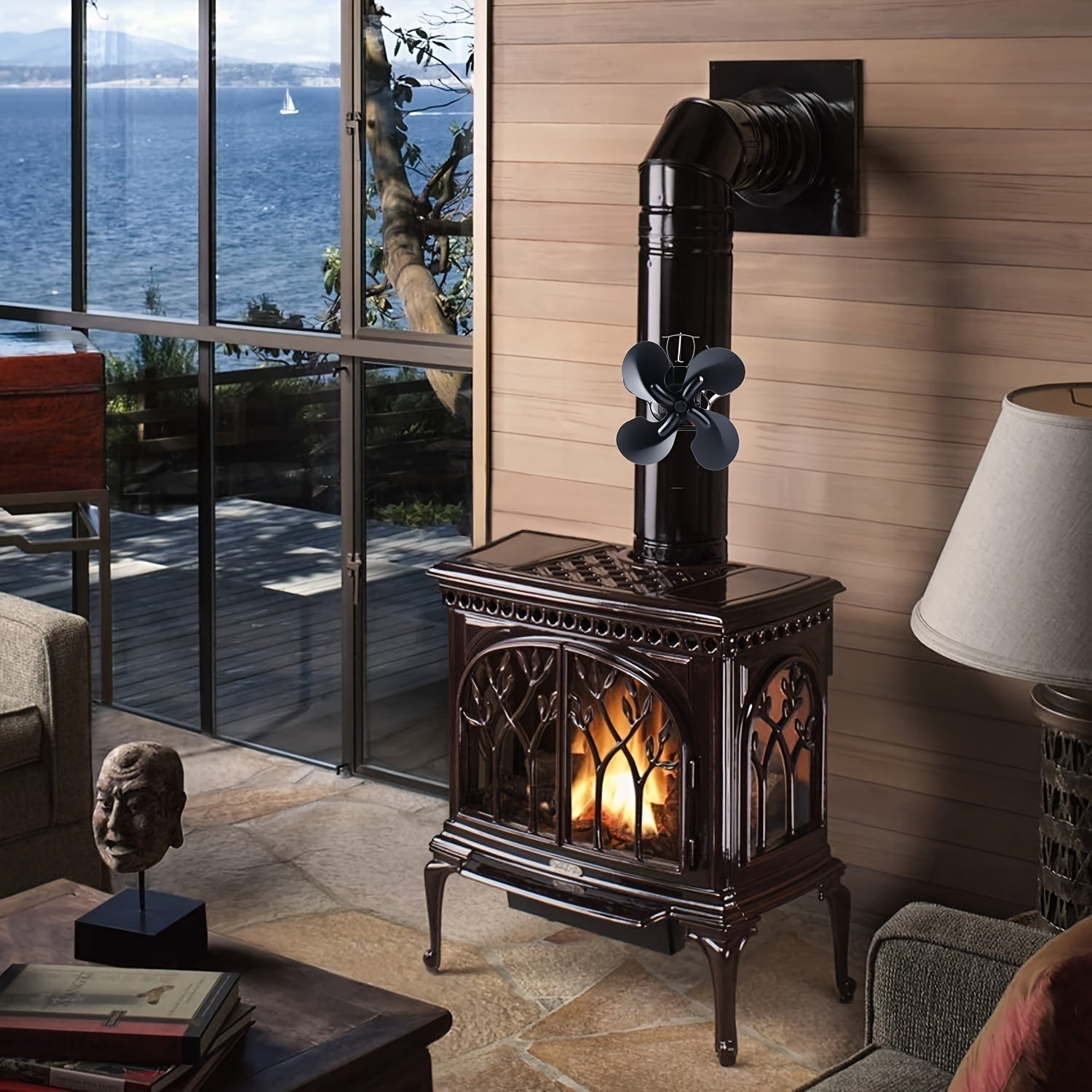 Quiet 4-Blade Heat-Powered Stove Fan Wall Mount for Fireplaces and Wood Stoves