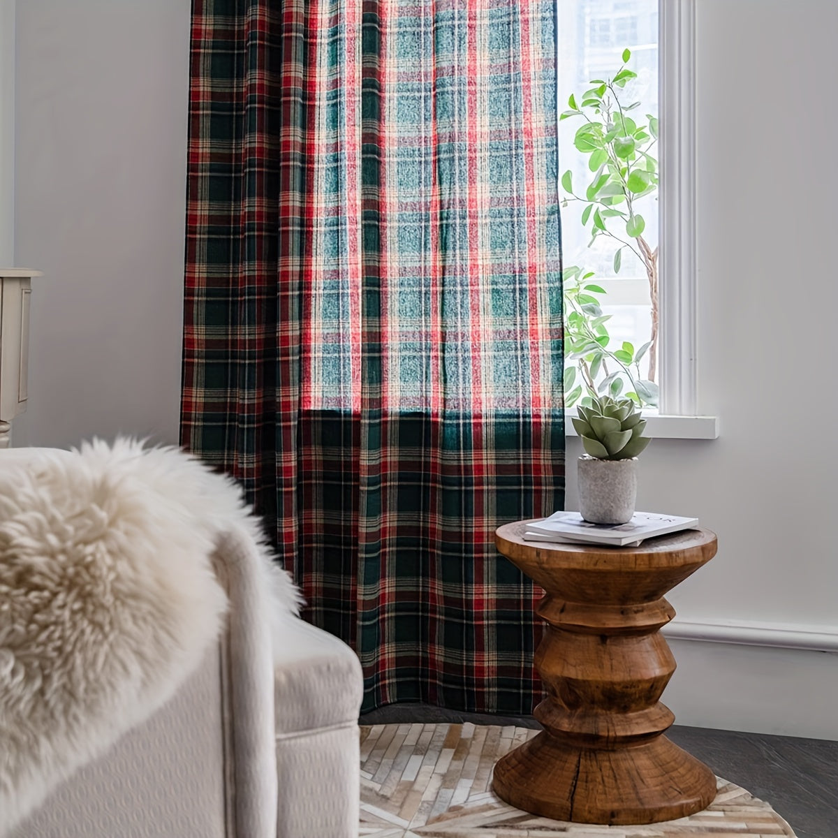 Green Plaid Christmas Curtain with Invisible Rod for Bedroom Balcony Living Room