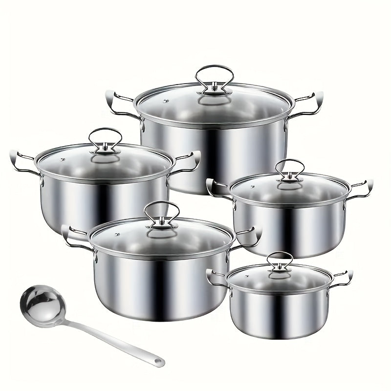 Stainless Steel Cookware Set 11 Pieces with Heat-Resistant Handles and Glass Lids