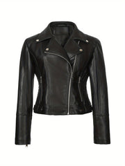 Katta o'lchamdagi qora PU charm moto kurtka, uzun yenglar, zip-up old qismi va tugmachali bilaklar bilan, ko'p qirrali kuz/qish uslubi uchun.