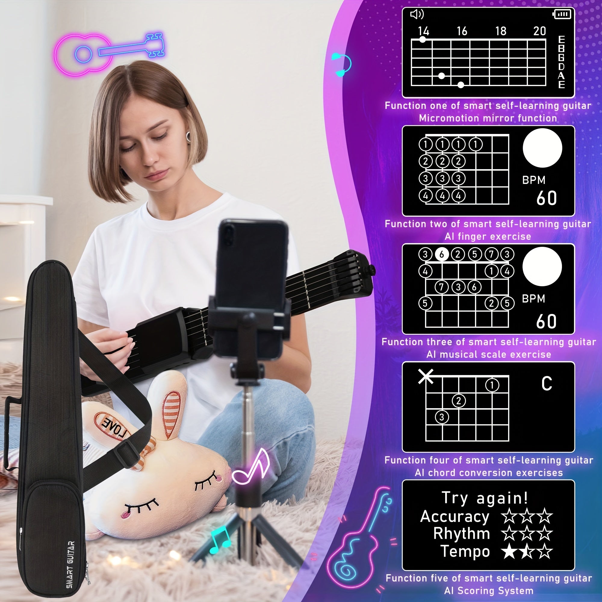 Portable Smart Acoustic Electric Guitar with AI LCD Screen, USB Charging, Includes Strap and Case