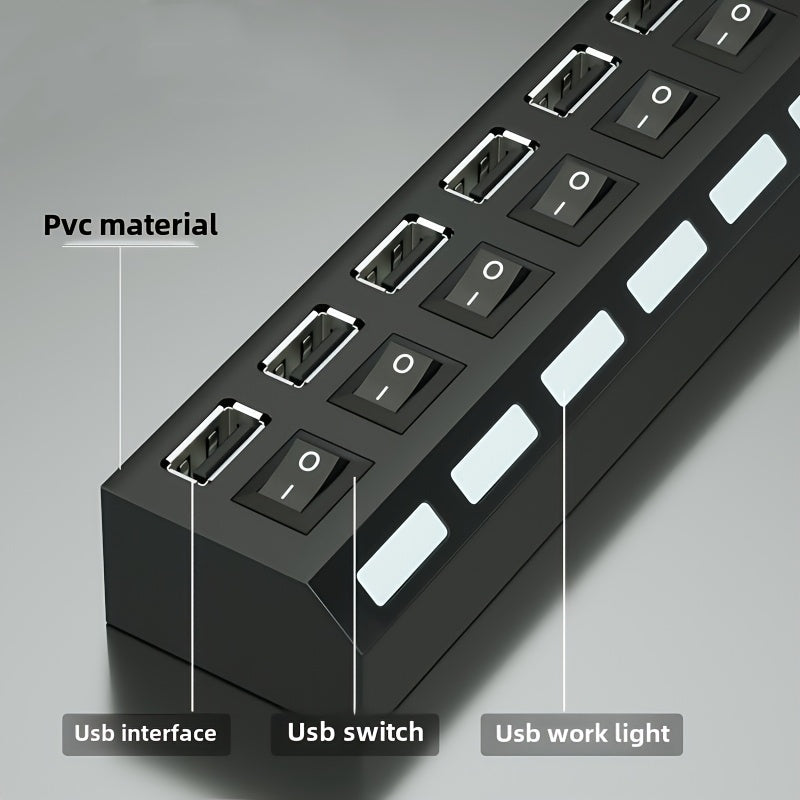 Concentrador USB 2.0 de 4 puertos con interruptores de encendido/apagado para conectividad con múltiples dispositivos