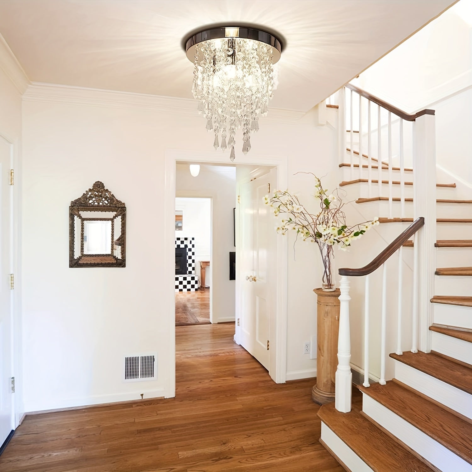 Mini Crystal Flush Mount Ceiling Light Fixture with Chrome Finish for Bedroom Living Room Hallway Bar