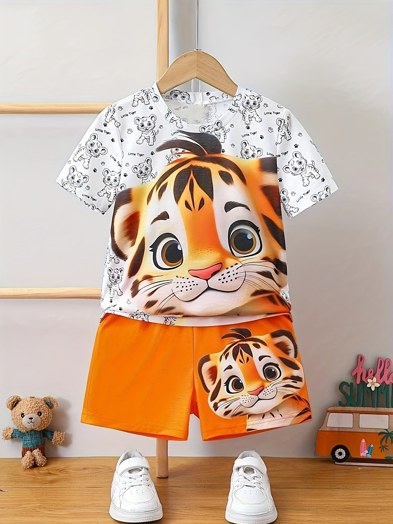 Boys Tiger Print Casual Outfit Set Short Sleeve T-Shirt and Shorts Summer Kids Clothing
