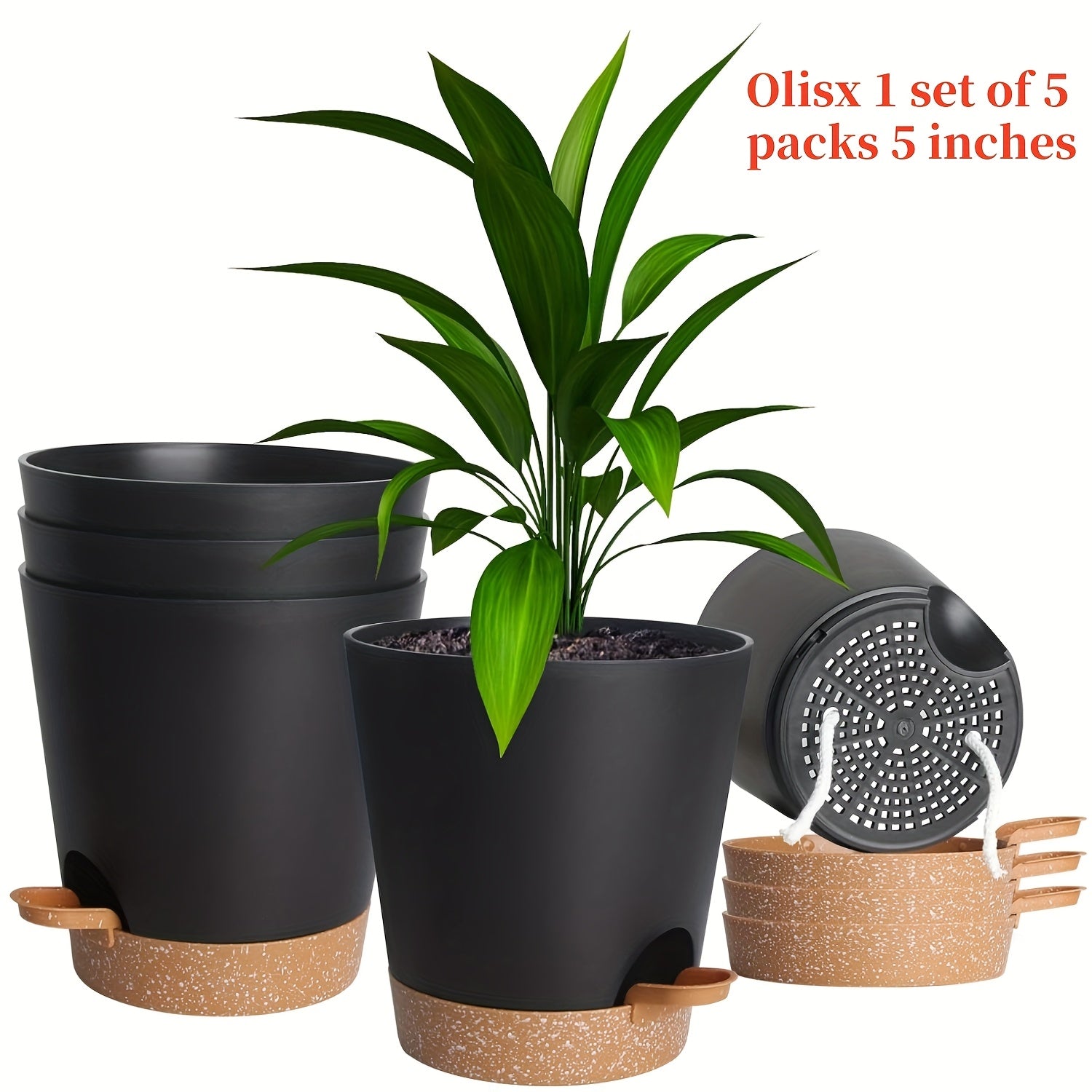 Set of 5 5-Inch Plastic Self-Watering Flower Pots with Drainage Holes and Trays for Indoor Outdoor Gardens