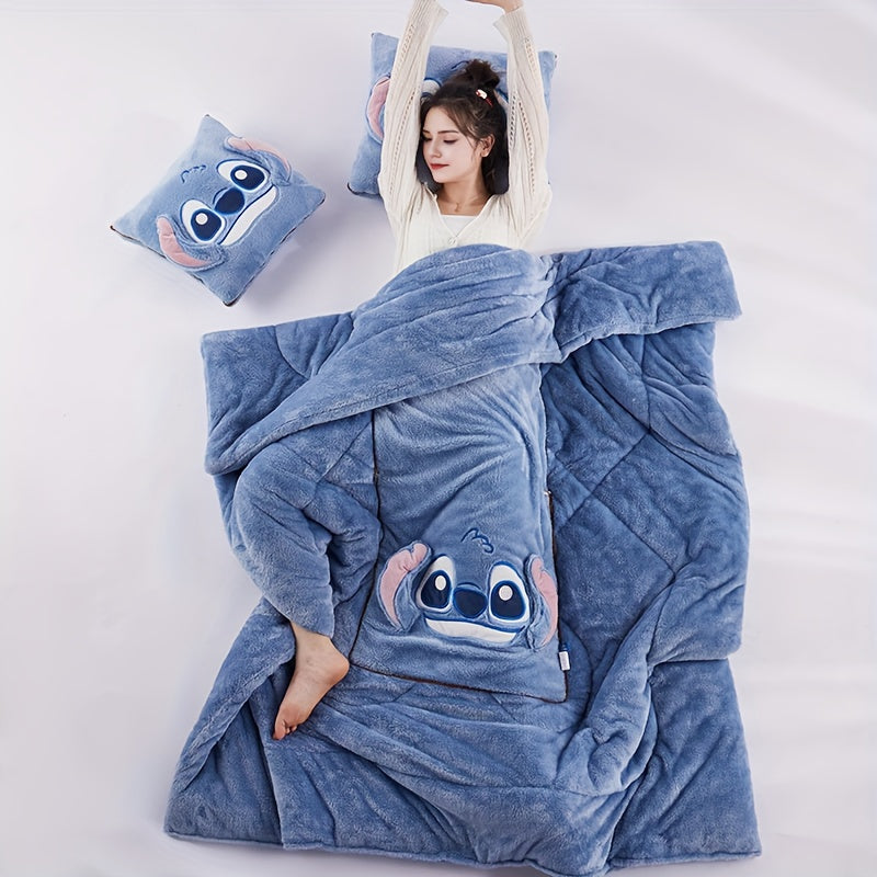 2-In-1 Pillow and Blanket Set for Adults Polyester Cartoon Travel Office Winter