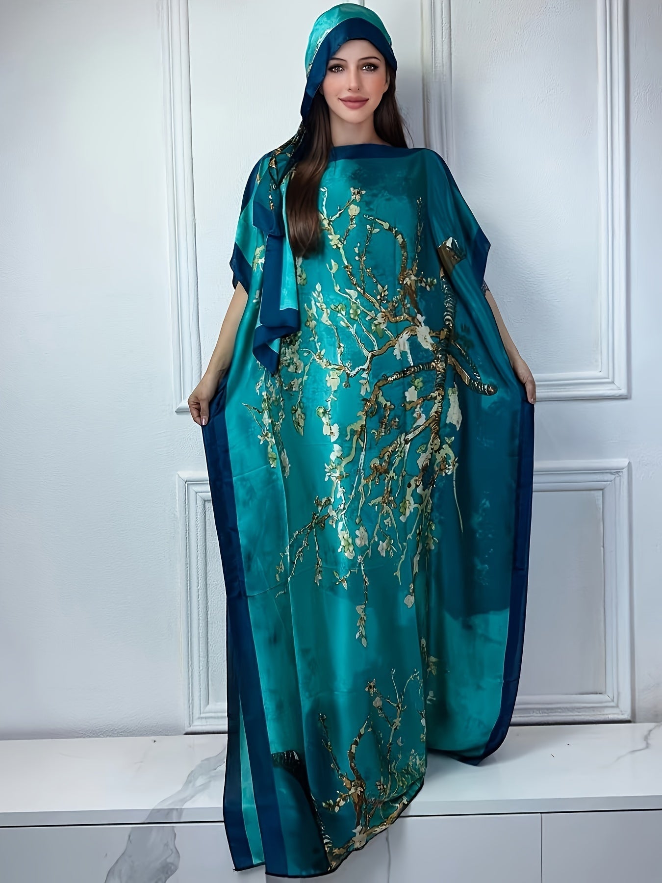 Women's Floral Print Maxi Dress with Batwing Sleeves for Spring Summer