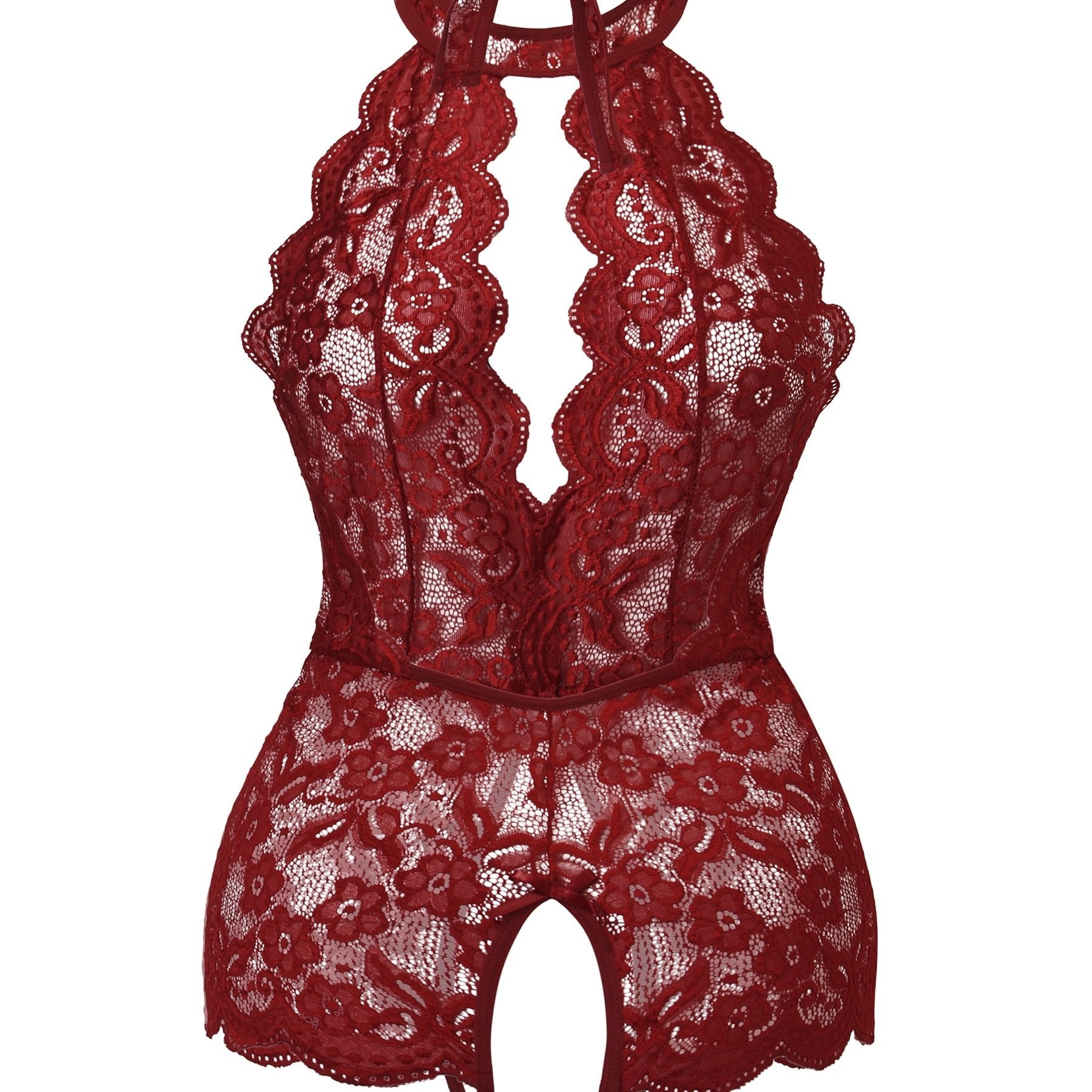 Women's Plus Size Floral Deep V Bodysuit With Open Crotch Tie-Up