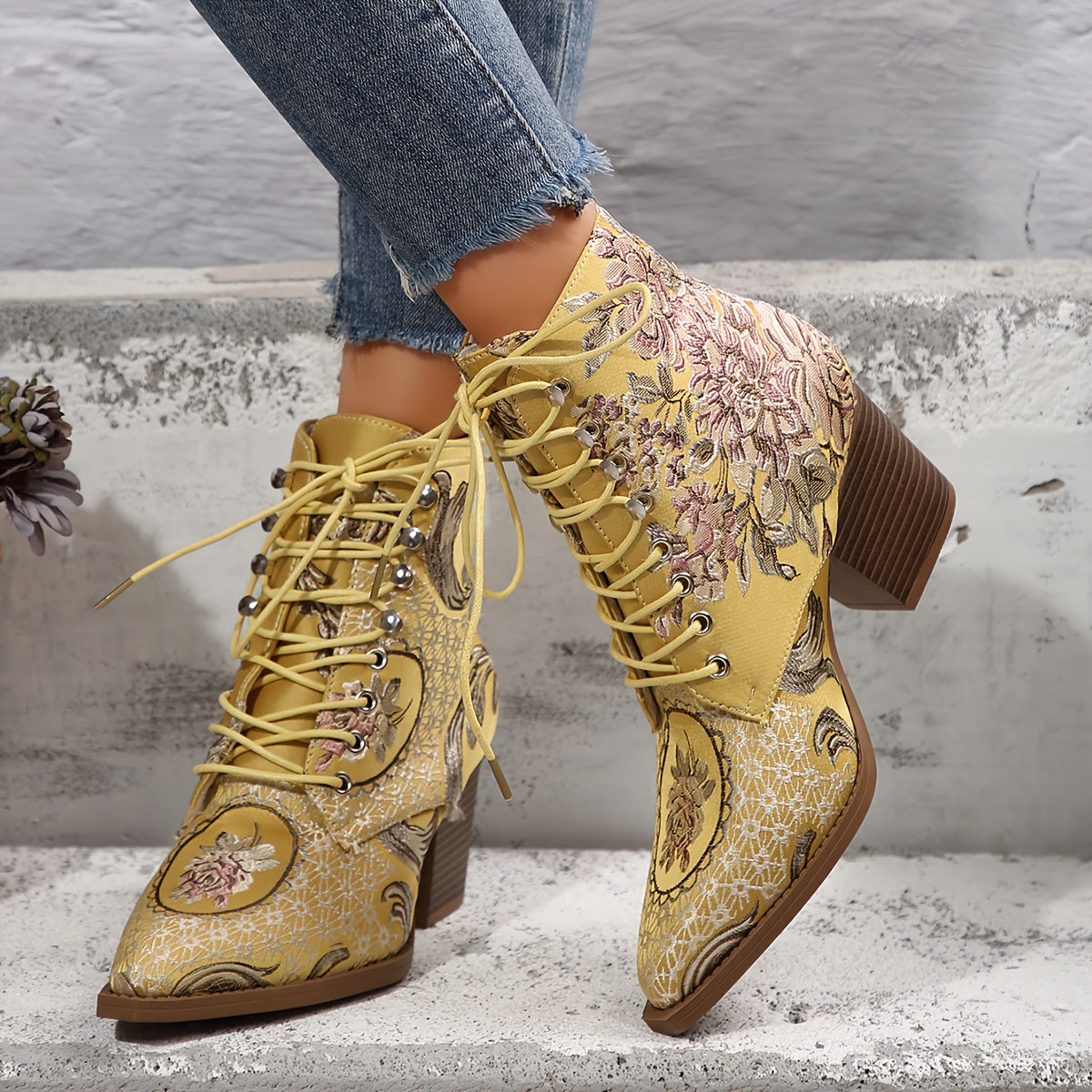 Women's Floral Embroidered Ankle Booties Leather High Heel Lace-Up