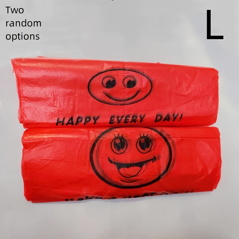 Pack of 50 Red Plastic T-Shirt Bags with Joyful Face Design, Reusable and Strong