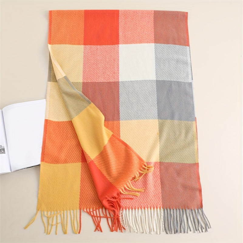 Chal con flecos para otoño e invierno, unisex, de imitación cachemira a cuadros