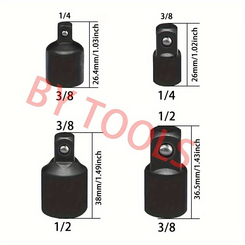 Ta'sirli kalit shlangi adapteri reduktor to'plami 4 dona, quvvatli asboblar uchun, 1/2 dan 3/8 gacha va 3/8 dan 1/4 gacha