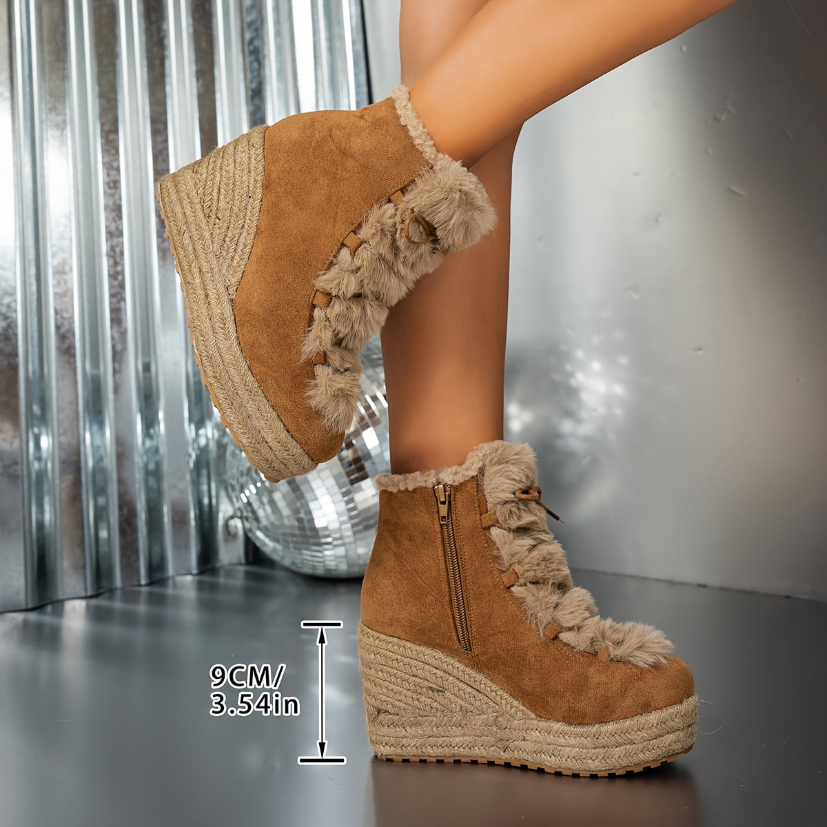Women's Winter Casual Wedge Boots with Faux Fur Collar and Jute Rope