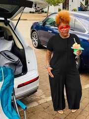 Plus Size Women’s Solid Short Sleeve Jumpsuit With Pockets