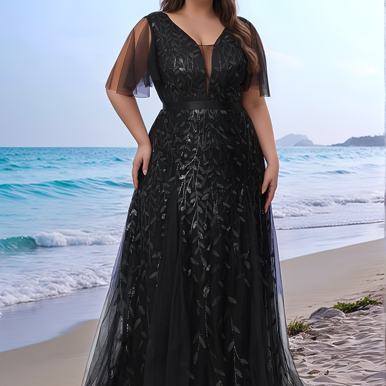 Plus Size Floral V-Neck Mother of the Bride Dress Long Sleeveless Gown Black White Leaf Pattern
