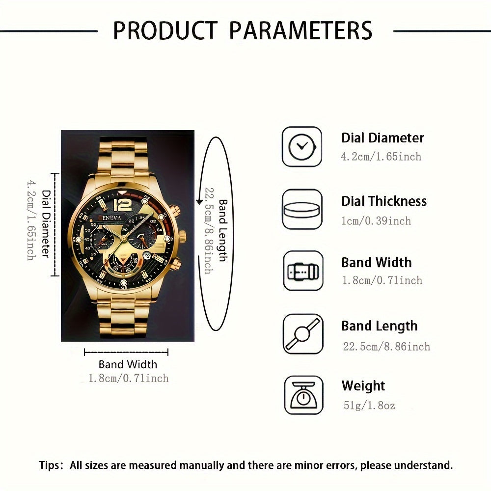 Erkaklar uchun vintage oltin kvarts soat va bilaguzuk to'plami, zanglamaydigan po'latdan yasalgan dumaloq ekran, sana funksiyasi, zamonaviy aksessuar