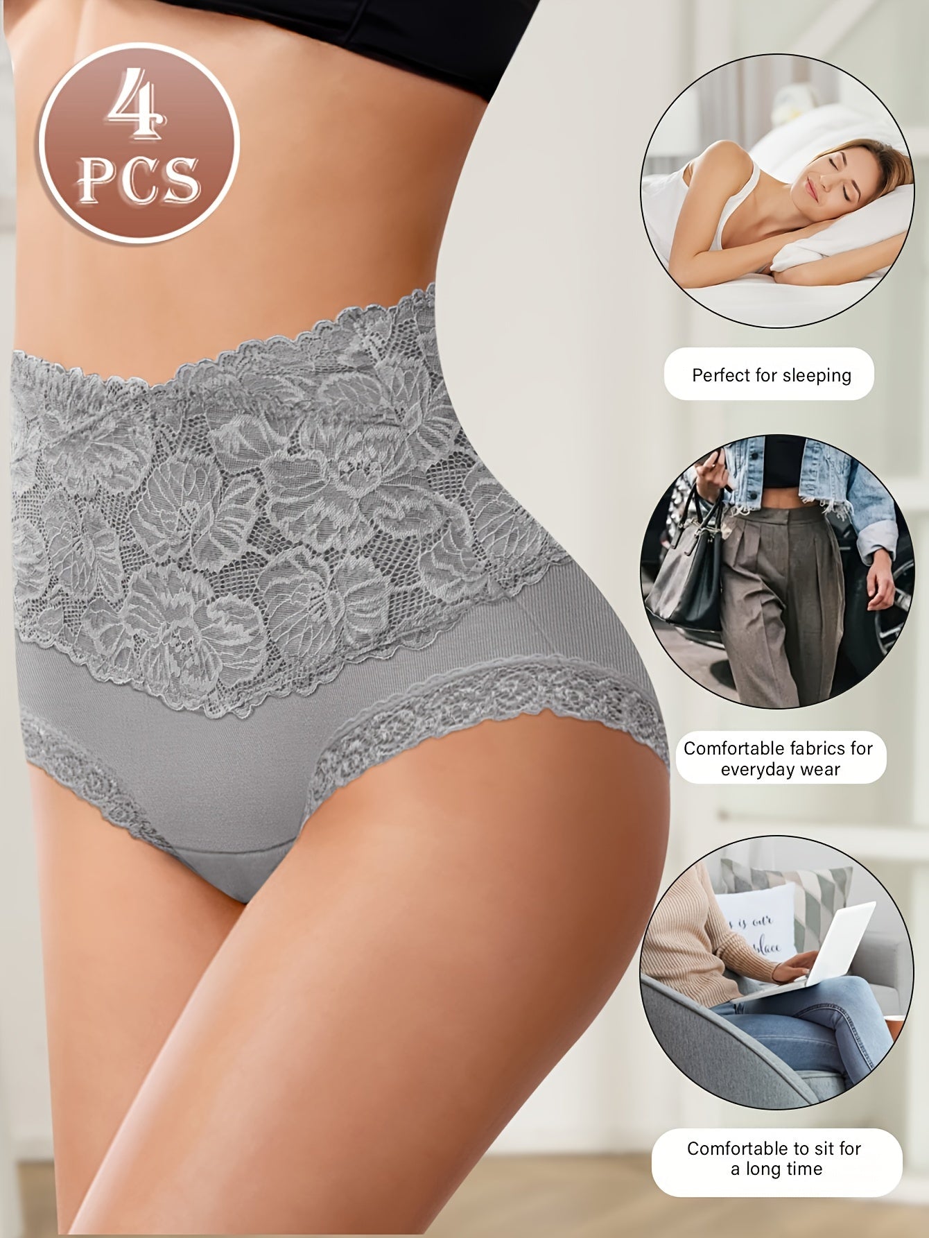 Plus Size High-Waist Tummy Control Women's Panties 4 Pack Cotton Lace Solid