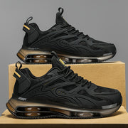 Erkaklar uchun qora yugurish krossovkalari - nafas oladigan, suv o'tkazmaydigan, zarbani yutuvchi, mustahkam kauchuk taglik - ochiq havoda faoliyatlar, yurish, yugurish uchun - bog'ichli, barcha mavsumlar uchun