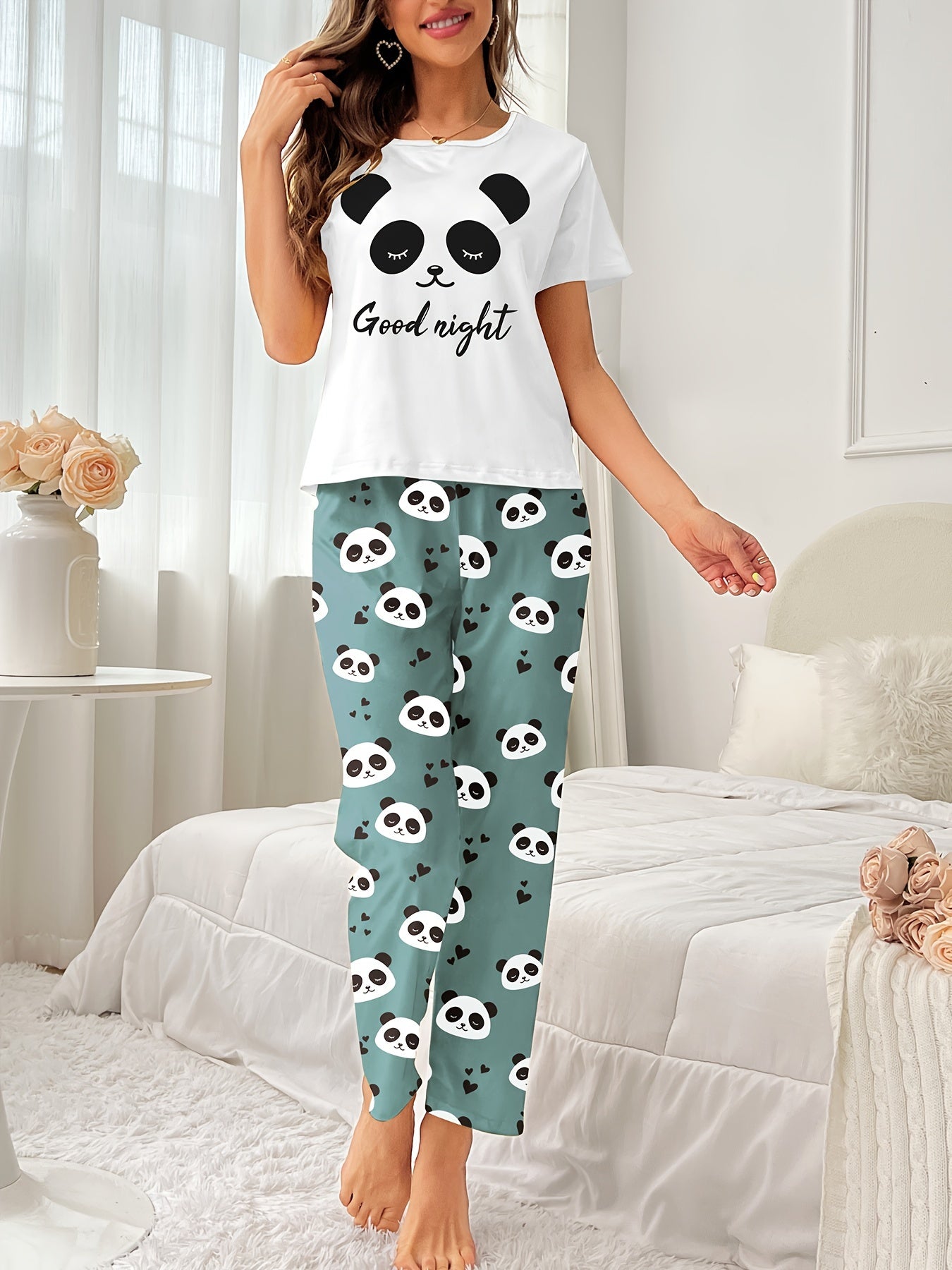 Women's Panda Print Pajama Set Short Sleeve Top Long Pants Casual Comfortable Polyester
