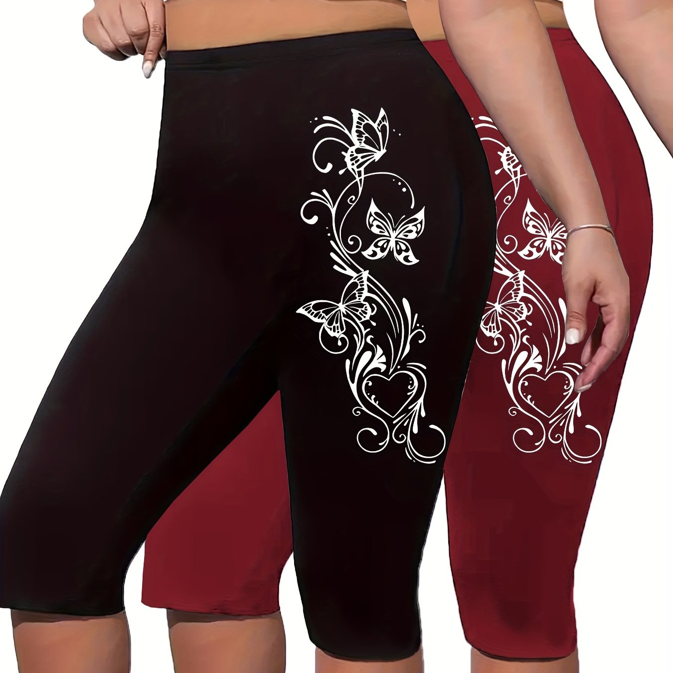 Plus Size Butterfly Print Capri Leggings High Waist Stretchy Spring Summer Women
