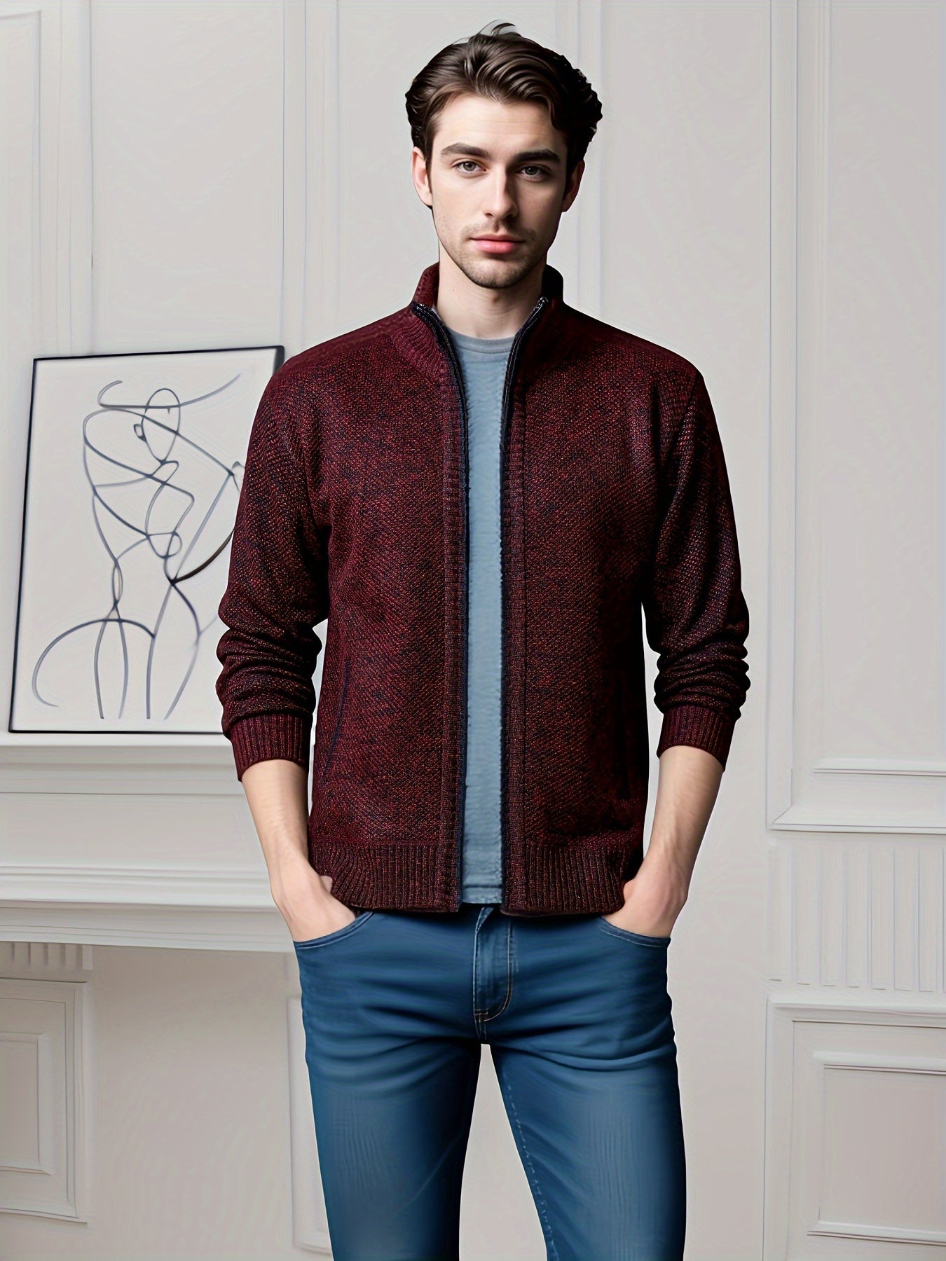 Men's Solid Fleece Cardigan with Pockets Turtle Neck Zip Up Sweater for Winter Fall Outdoor Activities