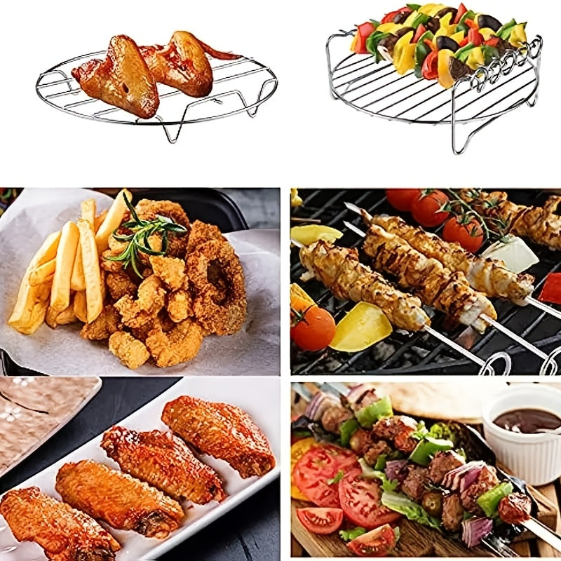 7 ta Stainless Steel Air Fryer Accessories to'plami, Grill Rack, 4 ta Skewer va 2 ta Silikon Pishirish Yostiqlari bilan. Oziq-ovqat uchun xavfsiz, Grill, Pishirish va Mikrotolqinli pechda pishirish uchun ideal. Muhim oshxona asboblari bilan to'liq.