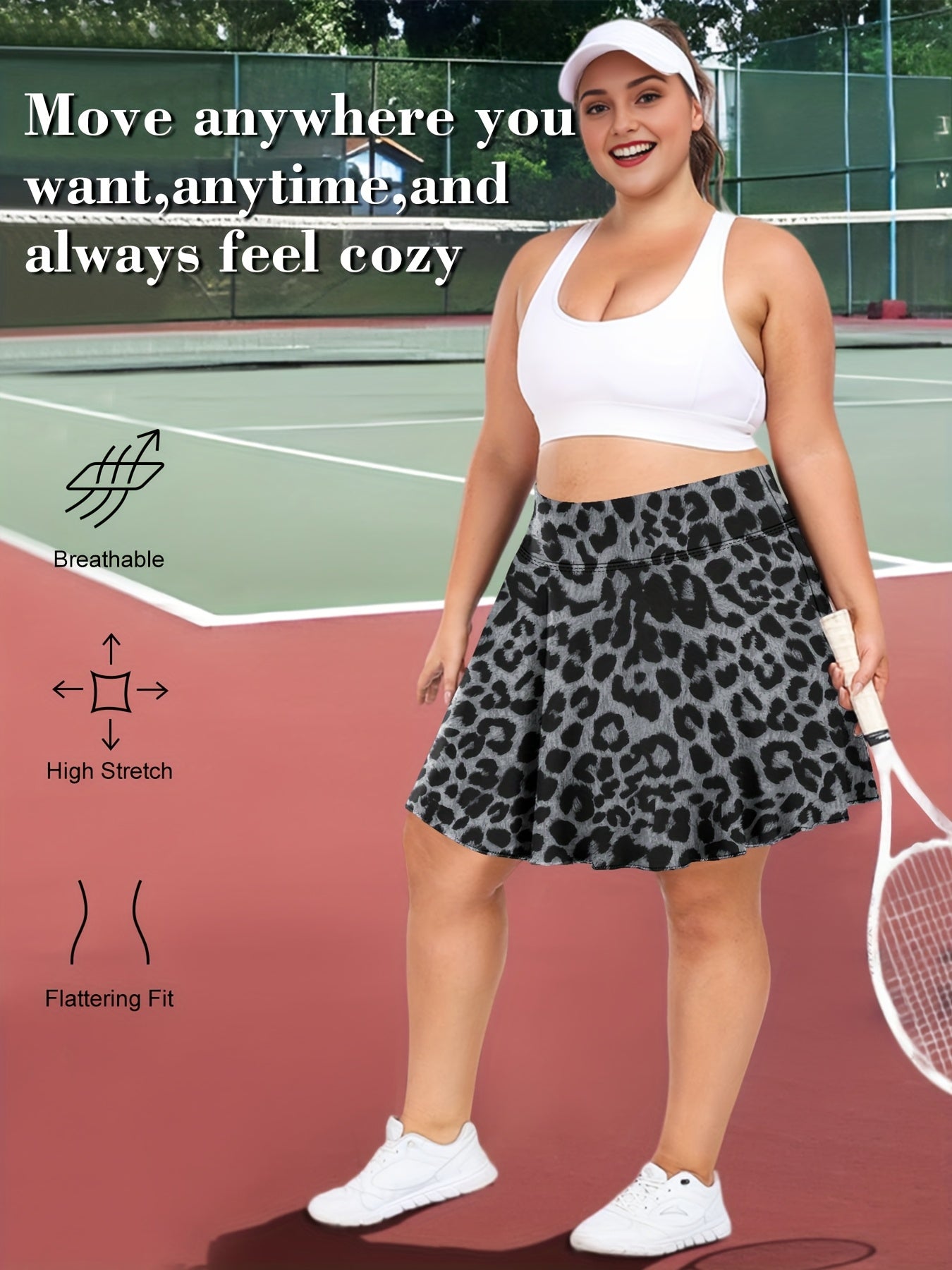 Women's Plus Size Leopard Print High-Waist Skort with Pockets for Tennis Casual Wear
