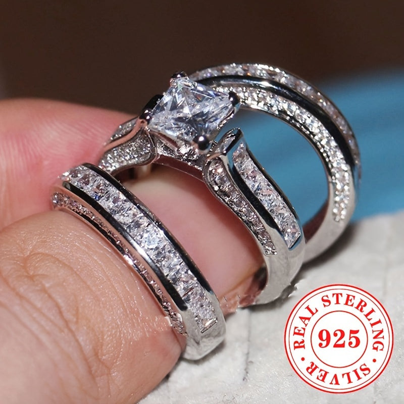 Комплект обручальных колец для женщин 14K стерлингового серебра с кубическим цирконием, принцесса-катт