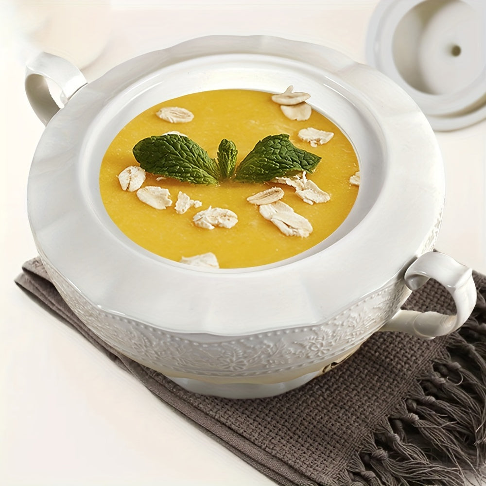 White Ceramic Soup Tureen with Lid and Handle for Home and Restaurant Use