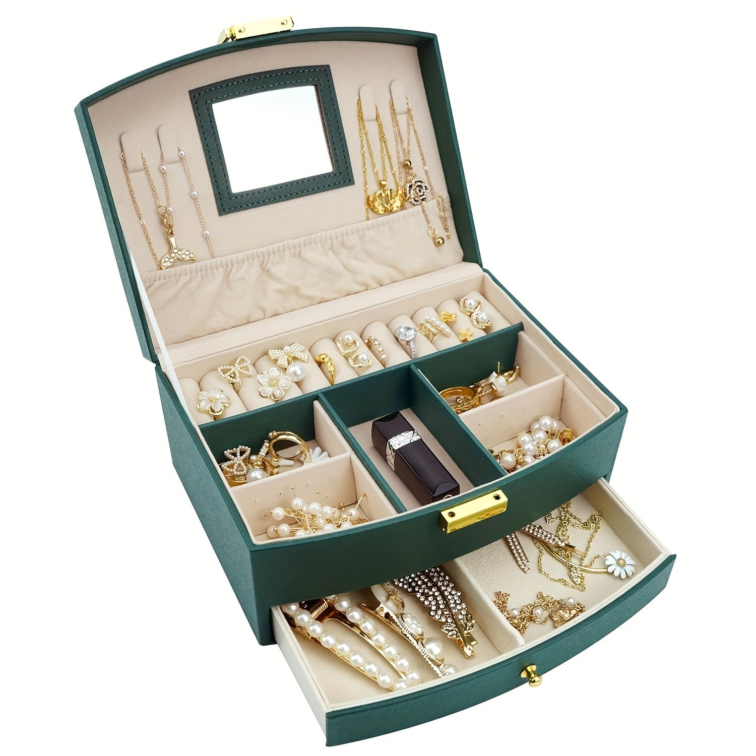 Ko‘p bo‘limli va zipli yopilishi bilan sun’iy charmli zargarlik buyumlarini tashkil etuvchi quti