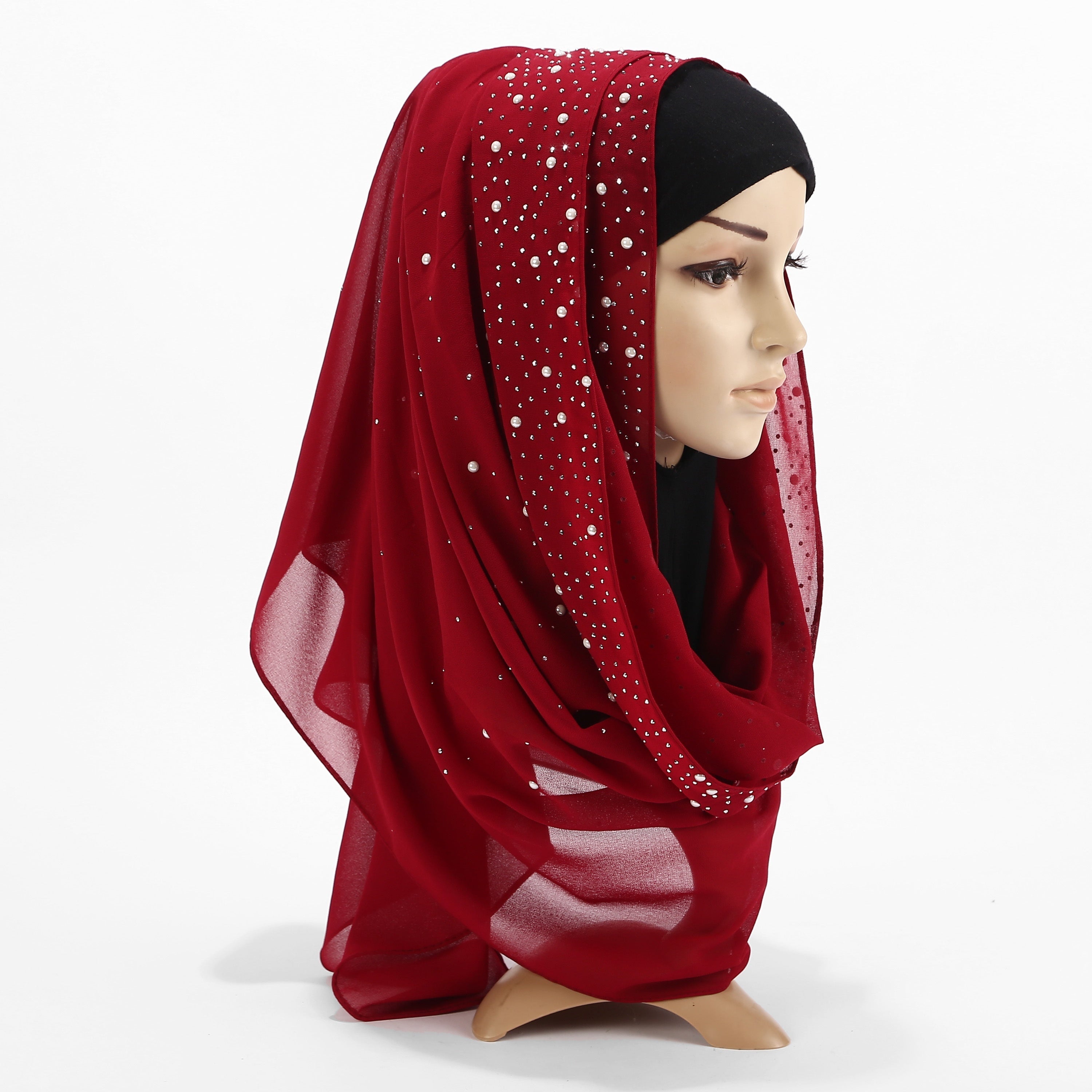 Chiffon Scarf with Rhinestone Detail Solid Color Hijab Turban Head Wrap for Full Cover
