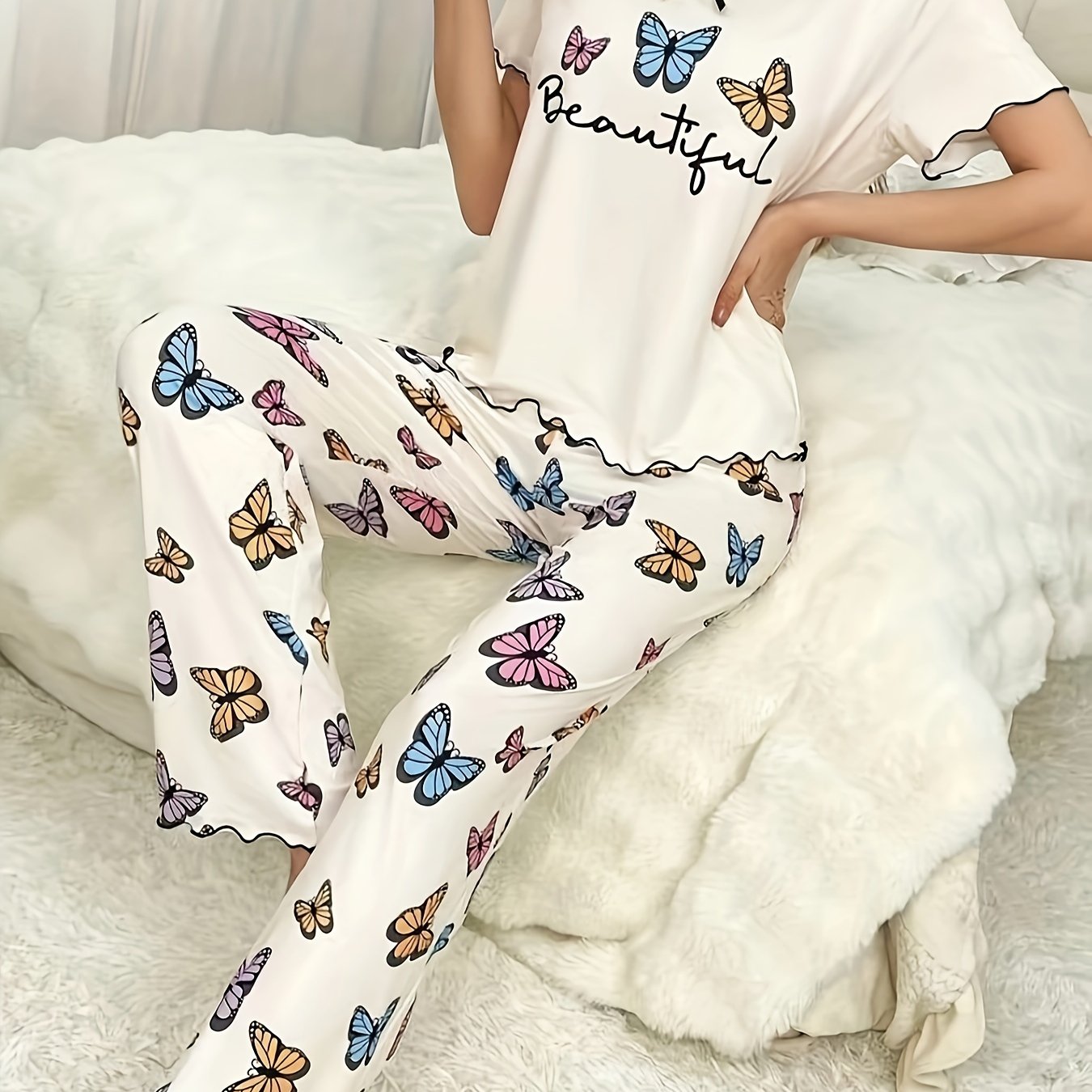 Women's Lounge Set Butterfly Letter Print Frill Trim Short Sleeve Round Neck Pajama Set