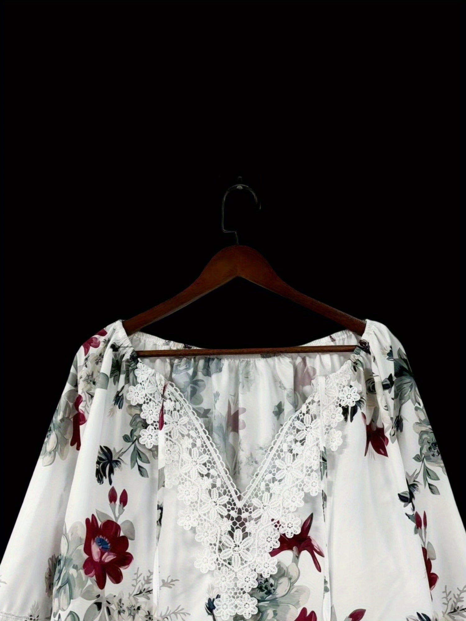 Plus Size Floral Print Blouse Lace Ruffle Neck Casual Top