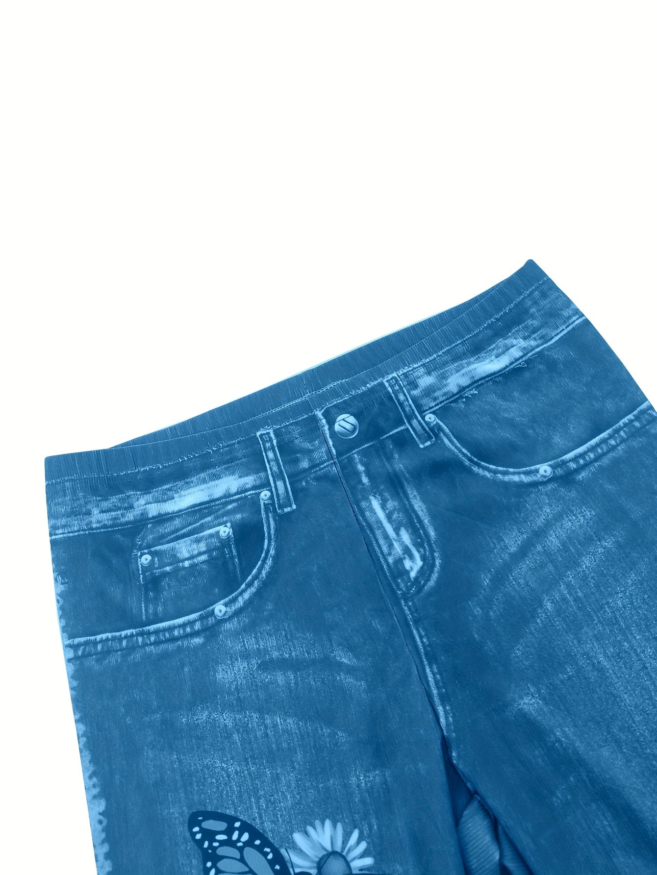 Women's Plus Size Faux Denim Leggings with Floral Print Casual Stretch