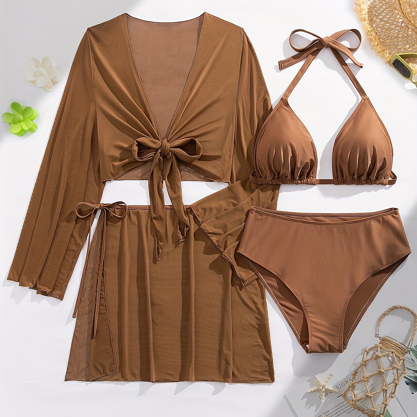 Monochrome Swimsuit Set for Women with Long Sleeve Cover-Up and Belted Skirt