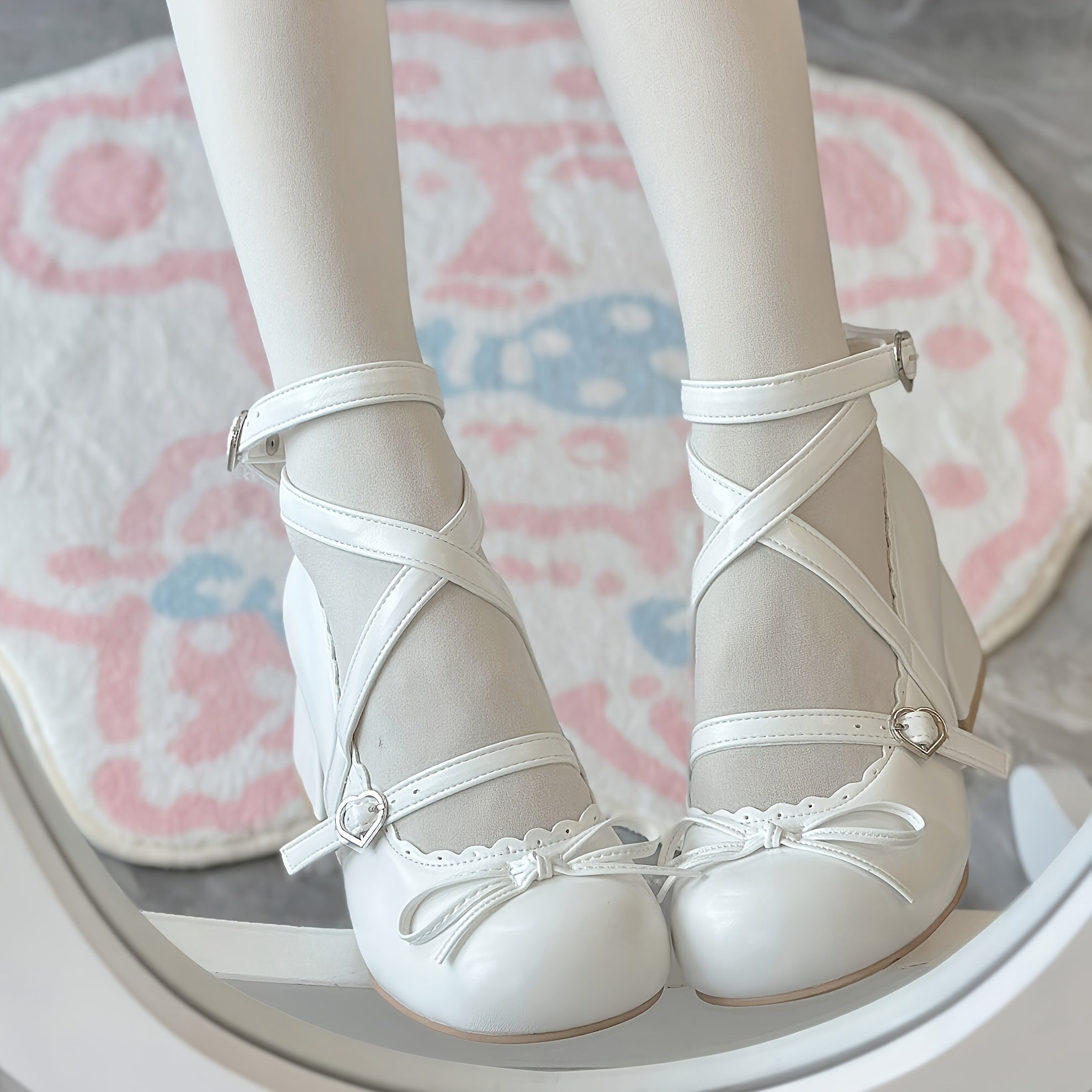 Women's Mary-Jane Ballet Flats with Bow Faux Leather Round Toe