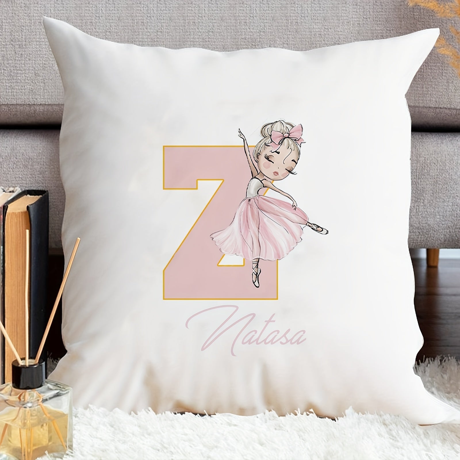 Shaxsiylashtirilgan samoviy yostiq qopqog'i, balet qiz dizayni bilan, pushti harflar, divan uchun dekor, bitta tomonli bosma
