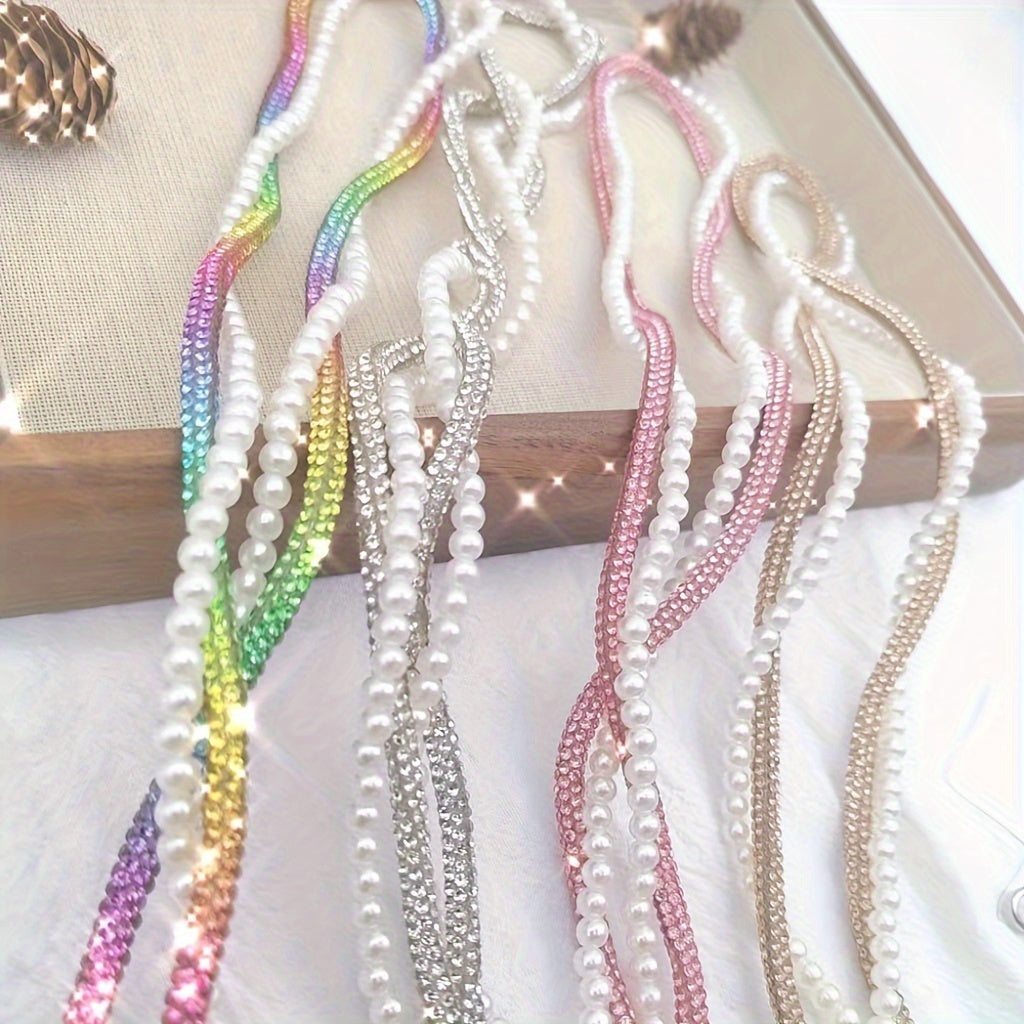 Pearl Rhinestone Long Lanyard PVC Phone Key Holder with Universal Attachment