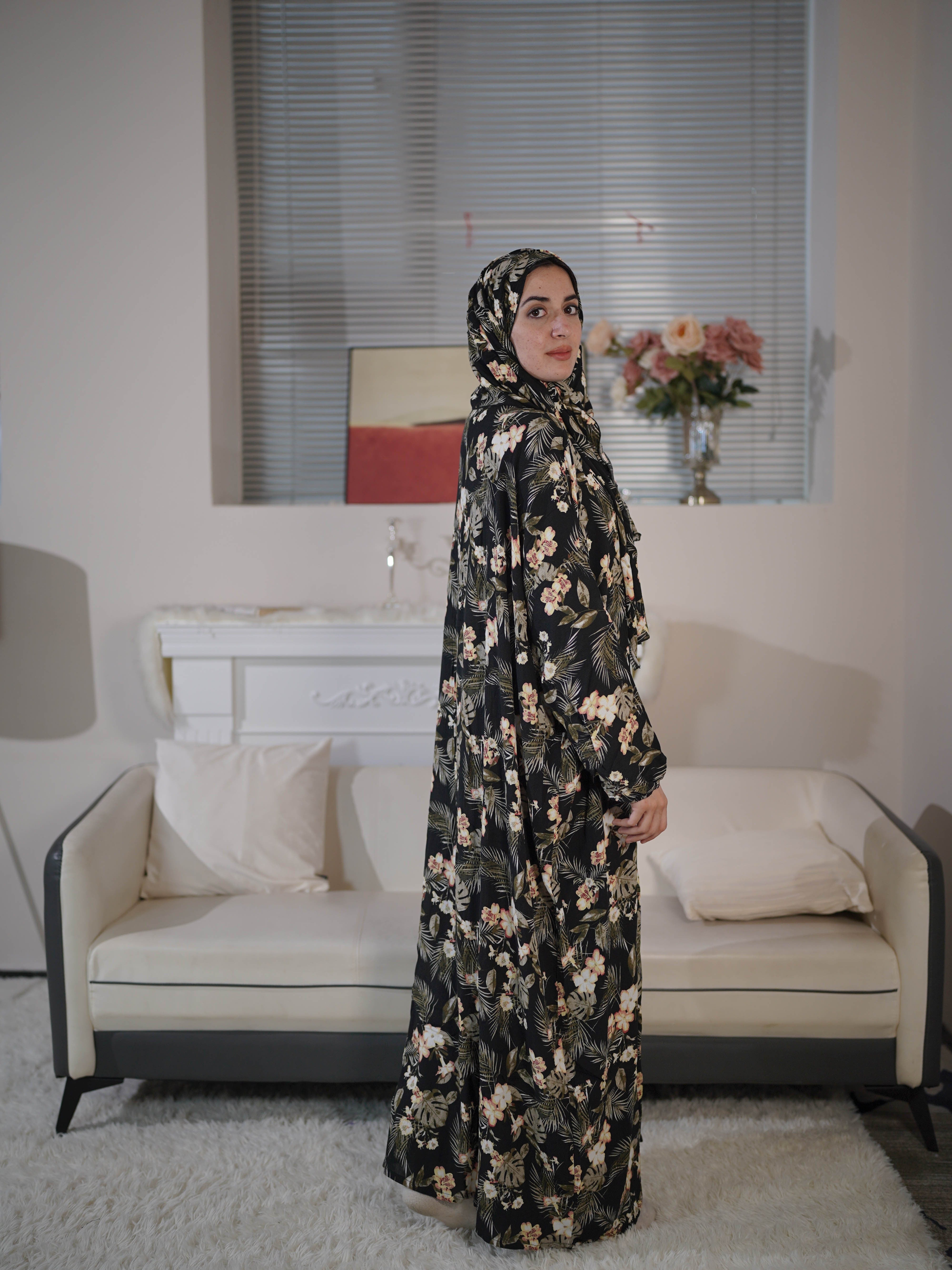 Women Rayon Floral Print Hijab Dress with Scarf Integration