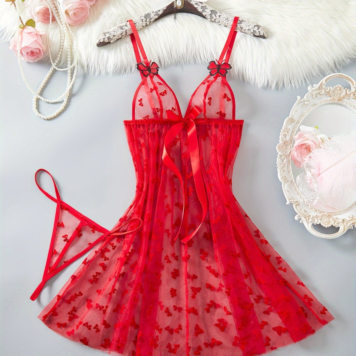 Red Mesh Lingerie Set for Women with Butterfly Pattern Babydoll and Bow Detail