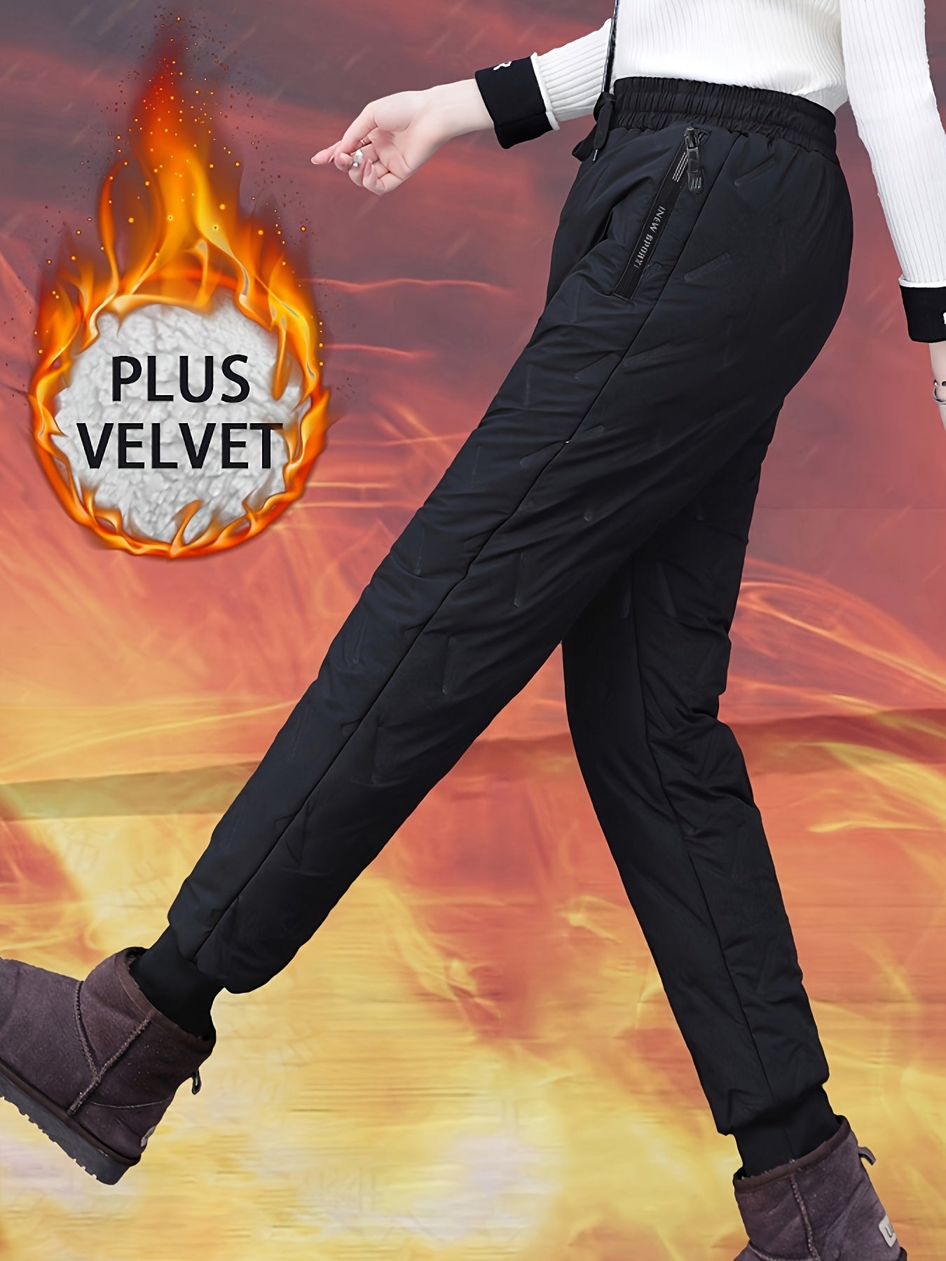 Women's Plus Size Winter Pants Thermal Flared Trousers Black Fluffy Warm