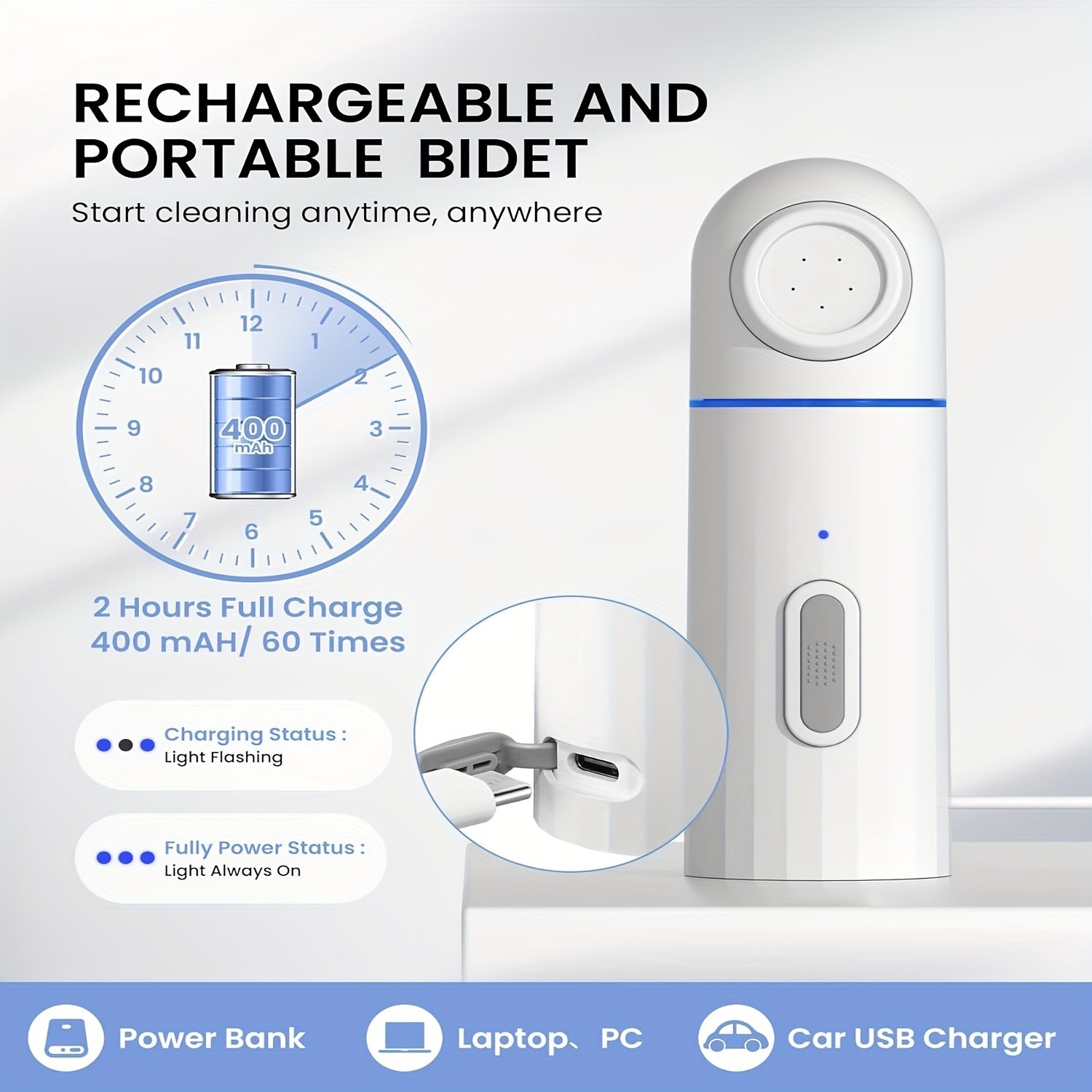 Portable Rechargeable Travel Bidet Sprayer with Dual-Speed Settings and Accessories