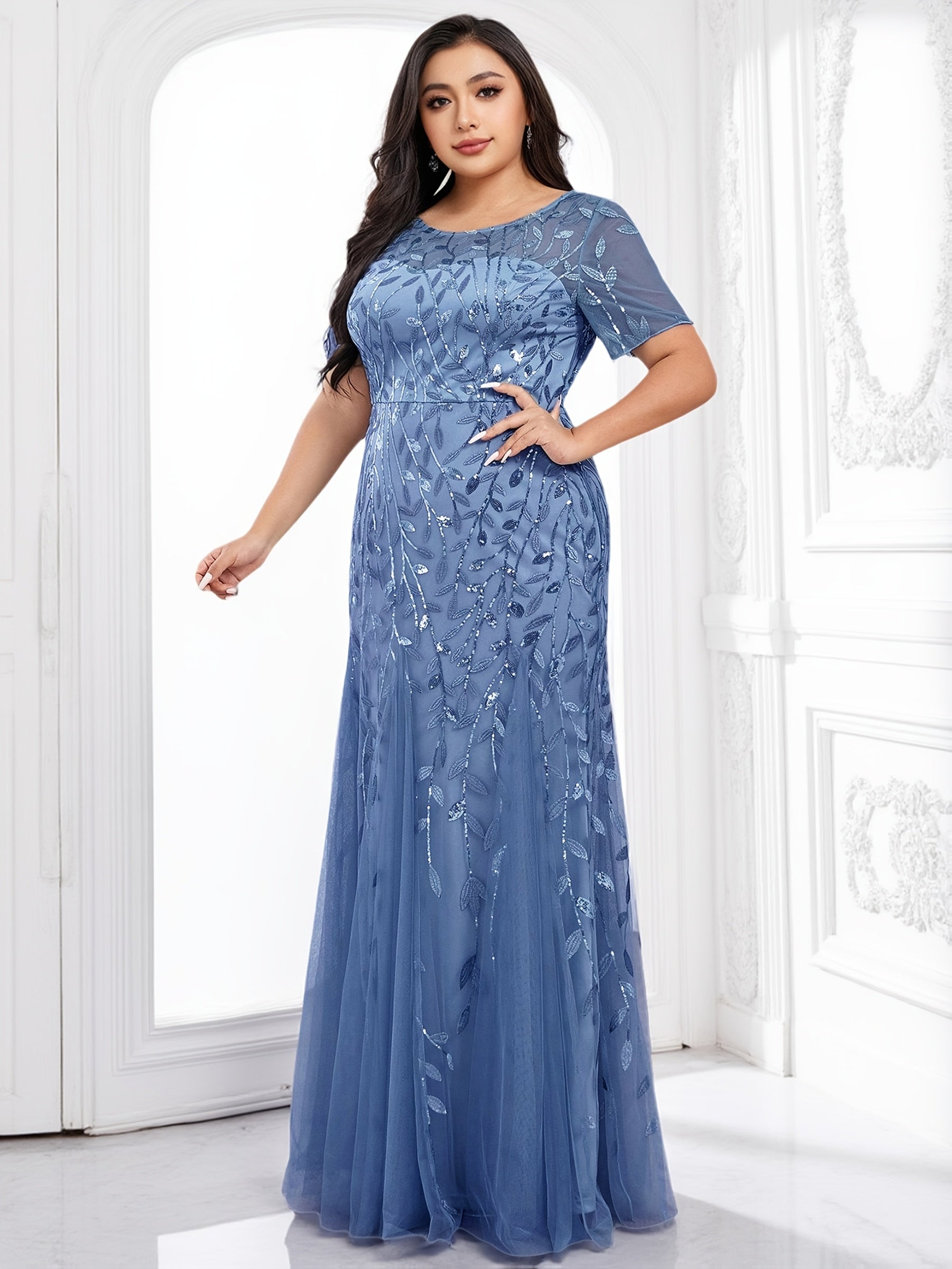 Plus Size Women’s Mermaid Evening Gown Sparkling Sequin Short Sleeves