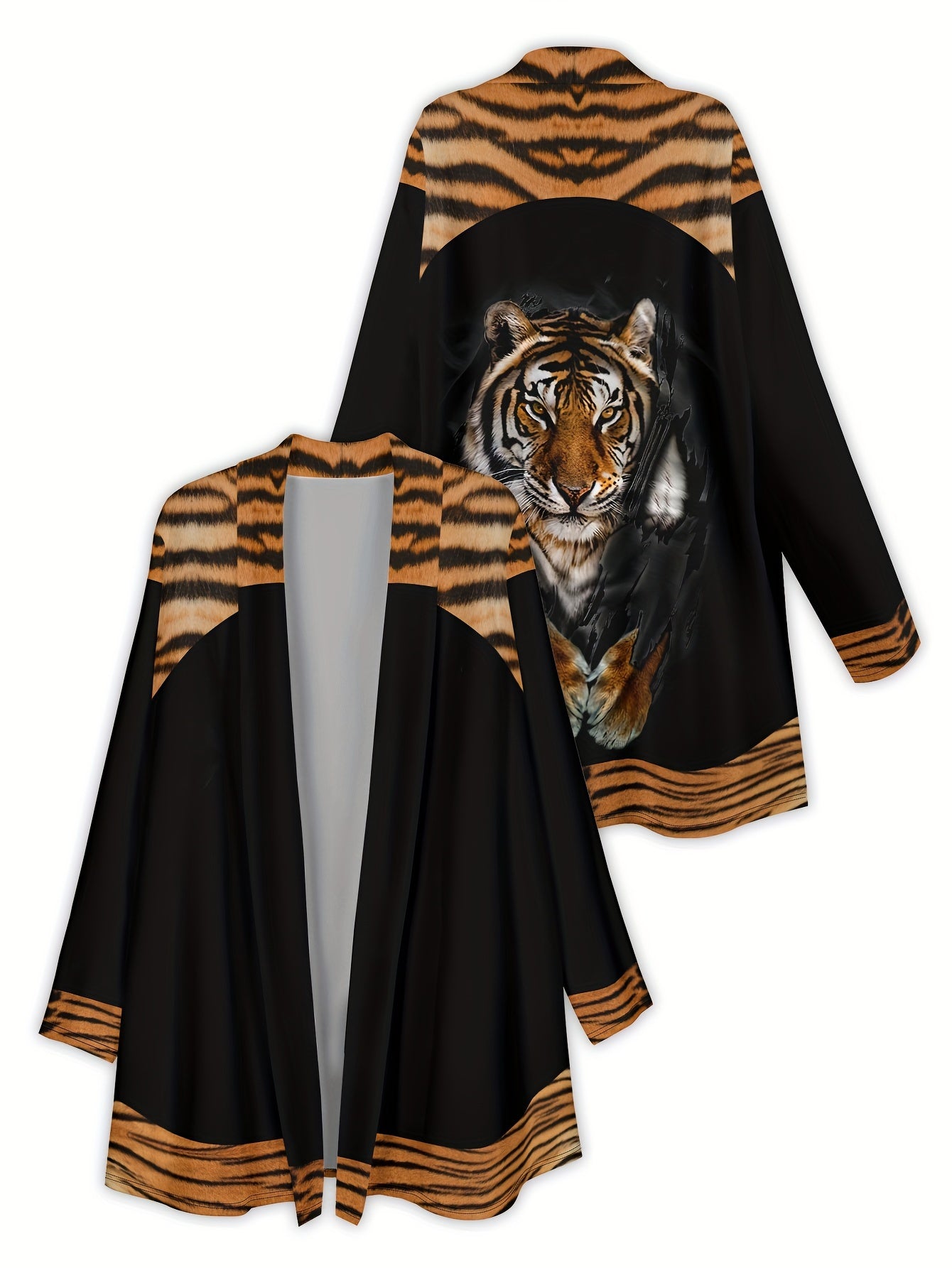 Plus Size Tiger Print Tunic Top Casual Open Front Long Sleeve Shirt for Spring Fall