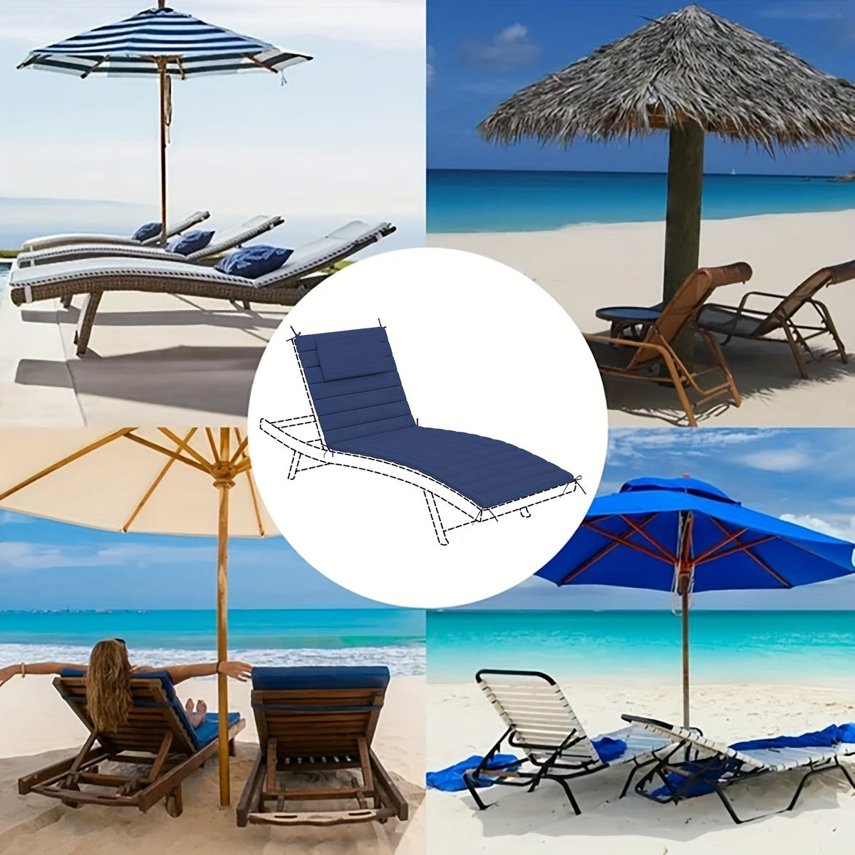 Outdoor Lounge Cushion Dark Blue 182.88cm x 53.34cm with Headrest and Straps for Patio Pool Chairs