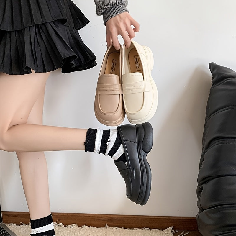 Women's Slip-On Loafers Soft Sole Leather Casual Shoes Beige White Versatile