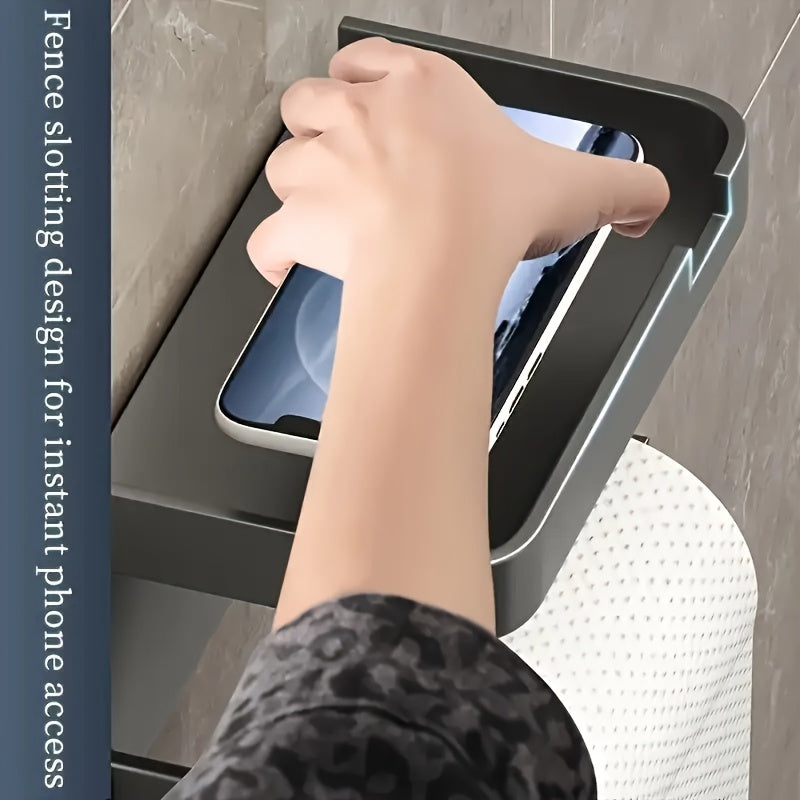 Dark Gray Toilet Paper Holder with Phone Shelf No Punching Kitchen Storage