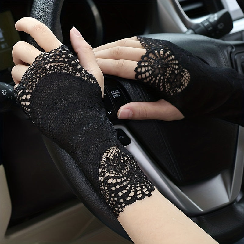 Geometric Lace Half Finger Wrist Sleeves with Thumb Hole for Summer Sunscreen Protection