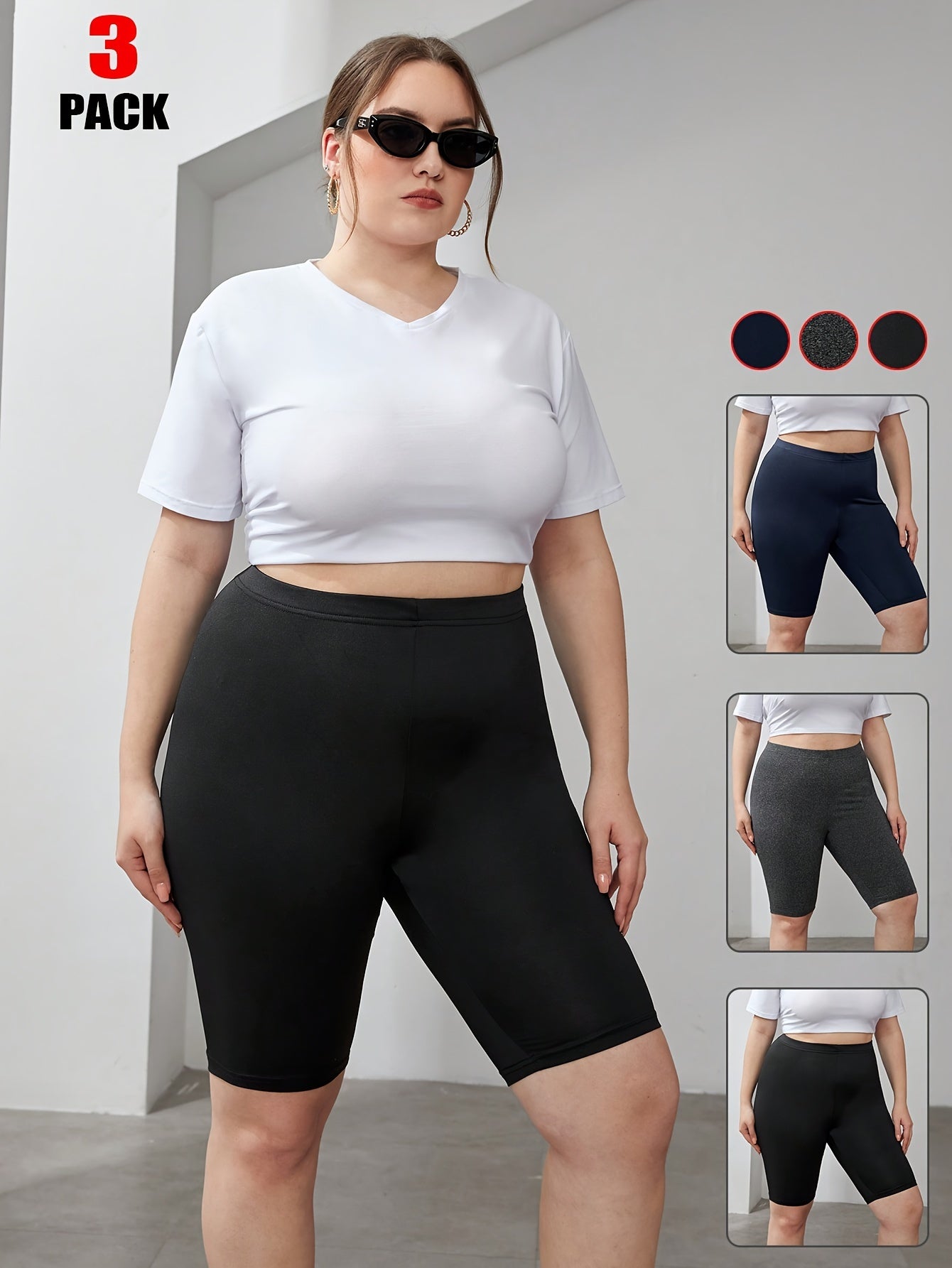 Women Plus Size Solid Color High Waist Skinny Shorts 3 Pack Spring Summer