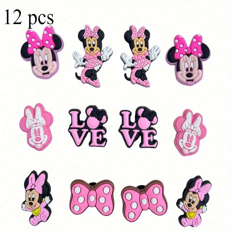 12PCS pushti Minnie Mouse poyafzal charm'lari - yoqimli multfilm plastik aksessuarlar